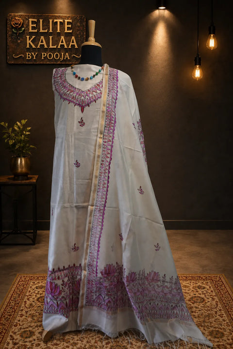 Maheshwari Madhubani 2 Piece Dress Material, Off White with Pink
