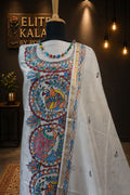 Off white Maheshwari Madhubani 2 piece suit set with placement pattern and border detail