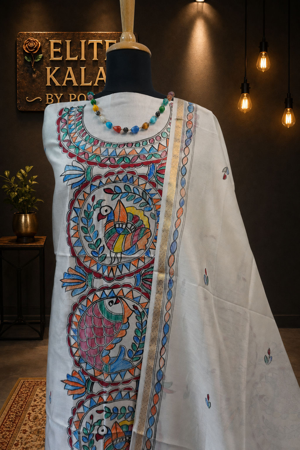 Off white Maheshwari Madhubani 2 piece suit set with placement pattern and border detail