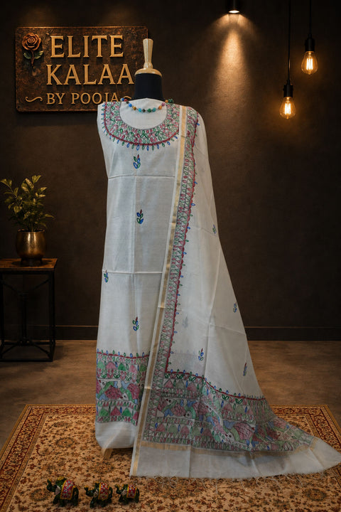 Off white Maheshwari Madhubani 2 piece dress material with placement pattern and border