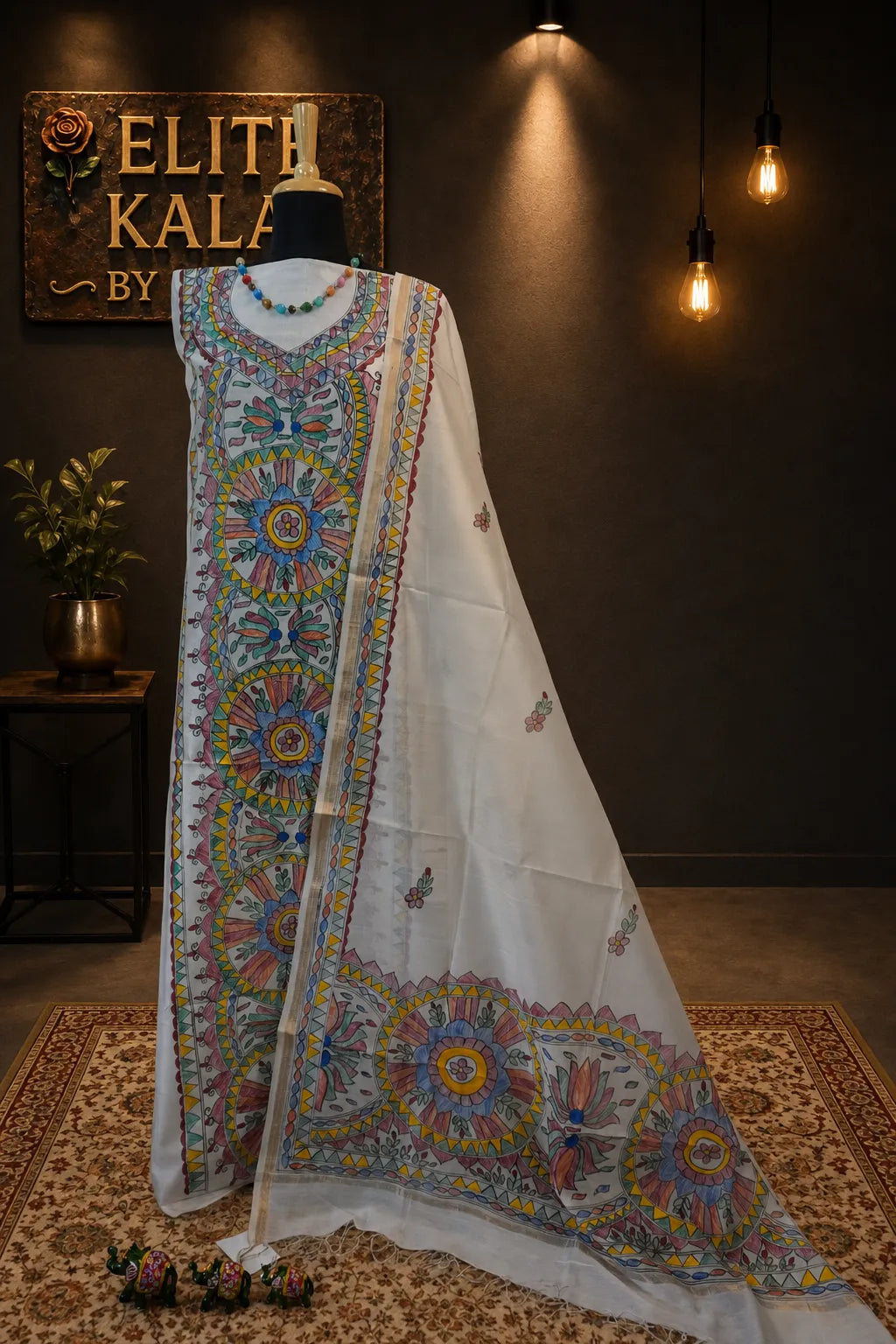 Maheshwari Madhubani 2 Piece Unstitched Suit Set, Off White