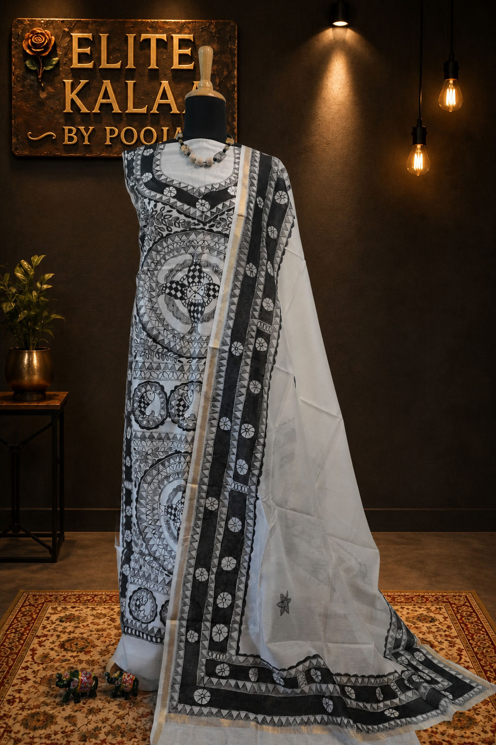 Off white Maheshwari Madhubani 2 piece dress material with border detail