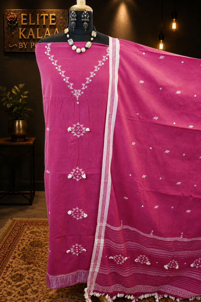 Bhujodi Kala Cotton Dress Material Magenta Pink with Border and Tassels