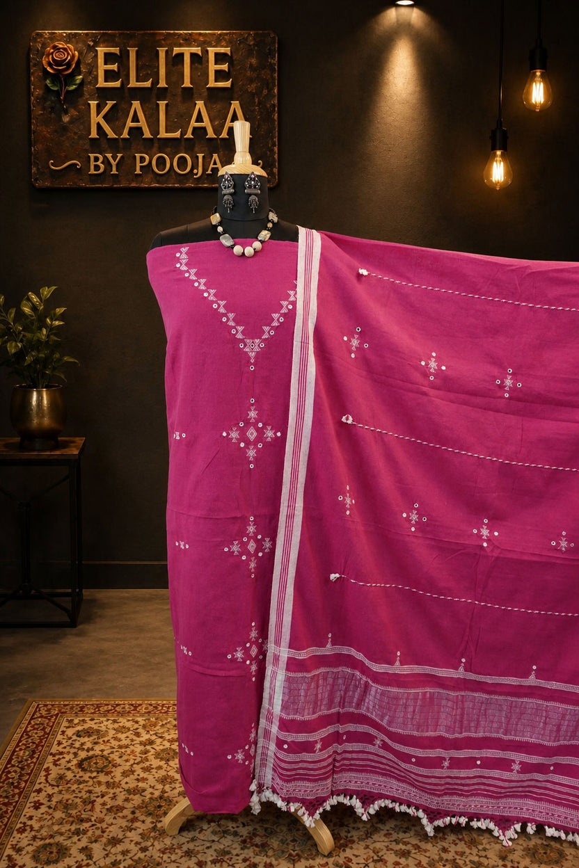 Bhujodi Kala Cotton Geometric Dress Material Pink with Border, Fringe & Tassels