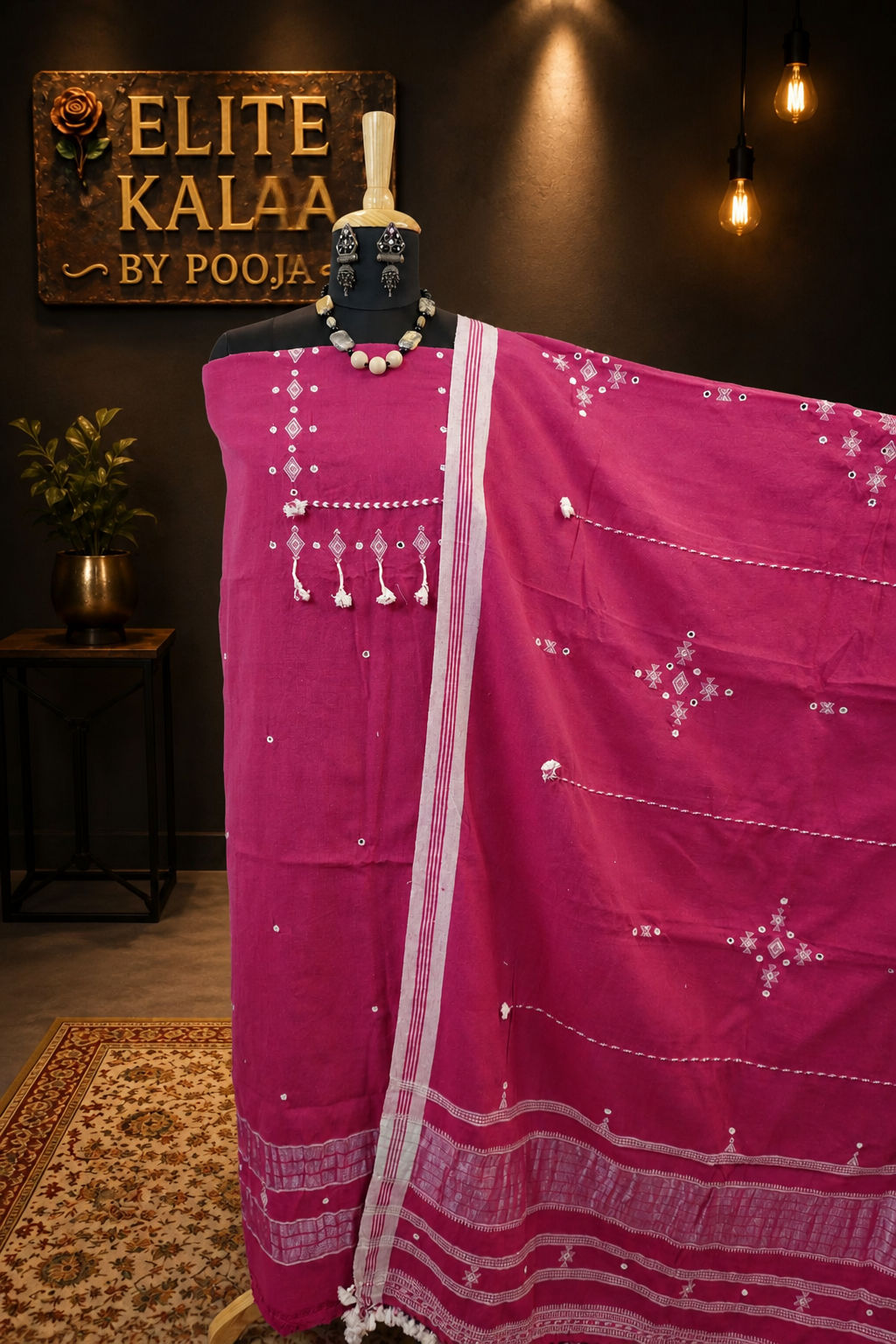 Bhujodi Kala Cotton Dress Material Magenta Pink with Border and Tassels