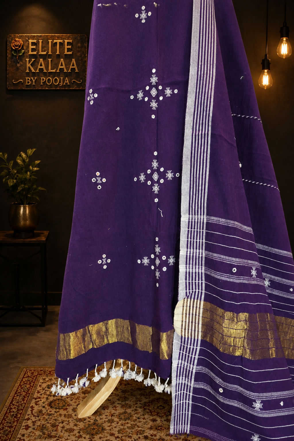 Bhujodi Kala Cotton Dress Material Purple with Border, Fringe & Tassels