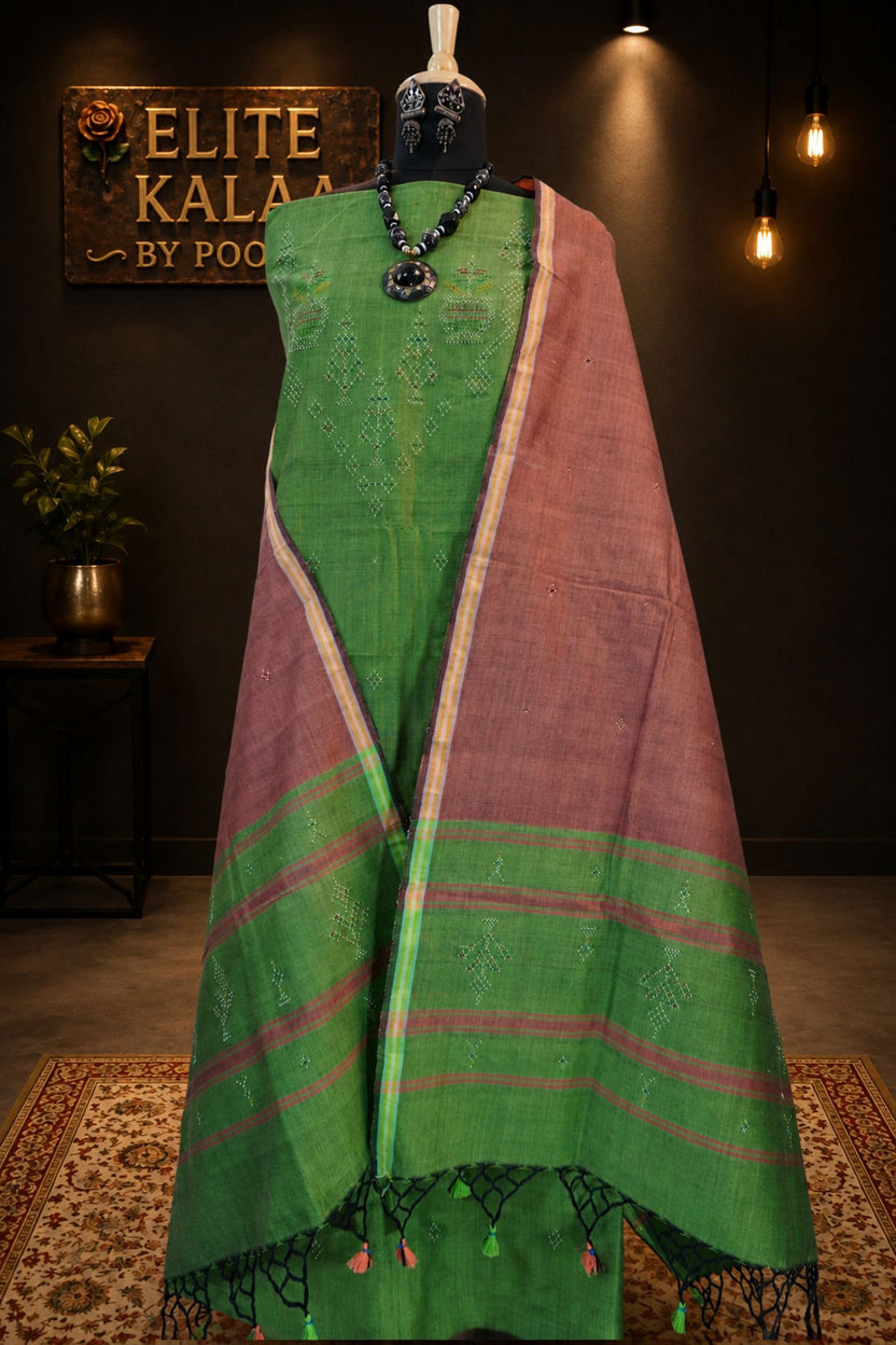 Tangaliya Cotton 3 Piece Unstitched Suit Set Light Green with Flower Border and Tassels