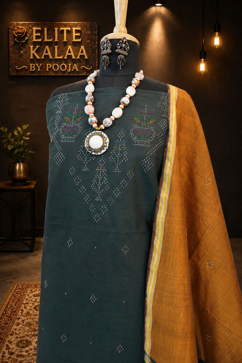 Tangaliya Cotton 3 Piece Unstitched Suit Set Forest Green with Flower Border