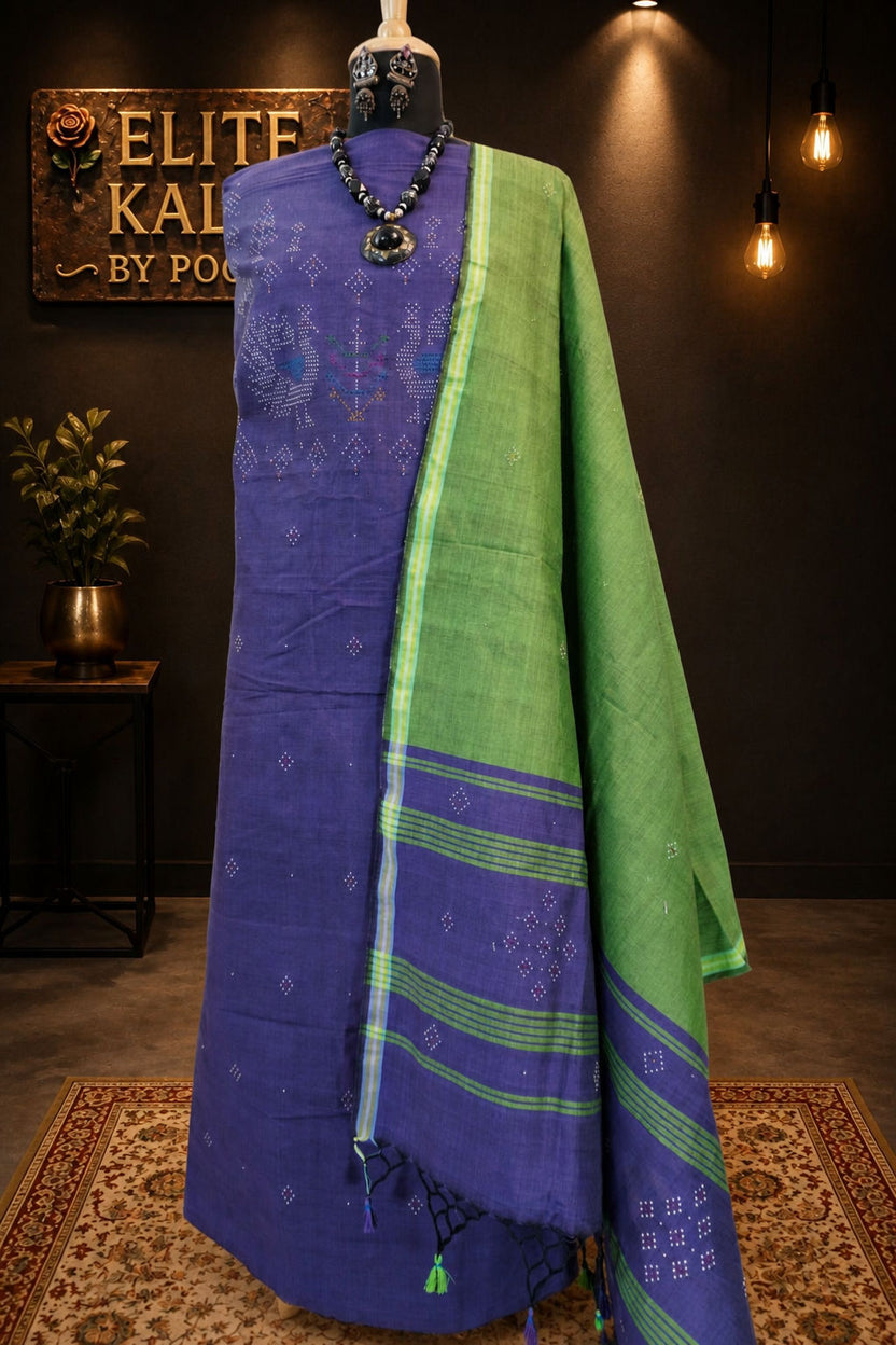 Tangaliya Cotton 3 Piece Unstitched Suit Set Dusty Violet with Peacock Border and Tassels - Purple