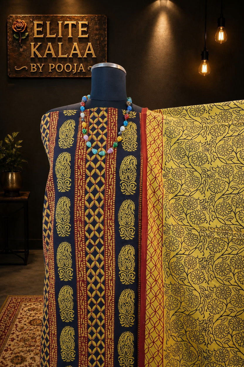 Cotton Bagh Handblock Block Print 3 Piece Unstitched Suit Set Blue