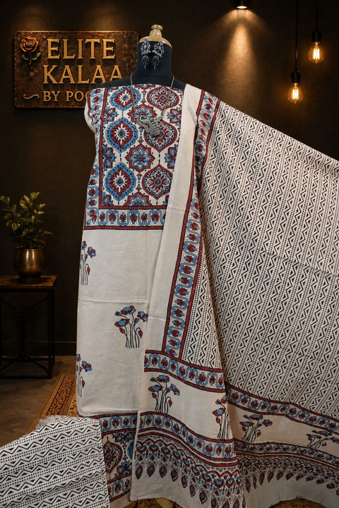 Cotton Ajrakh Handblock 3 Piece Dress Material Ivory