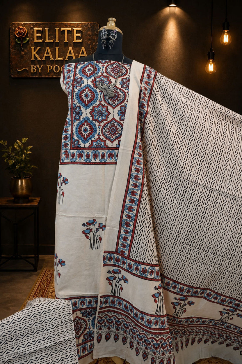 Cotton Ajrakh Handblock 3 Piece Dress Material Ivory