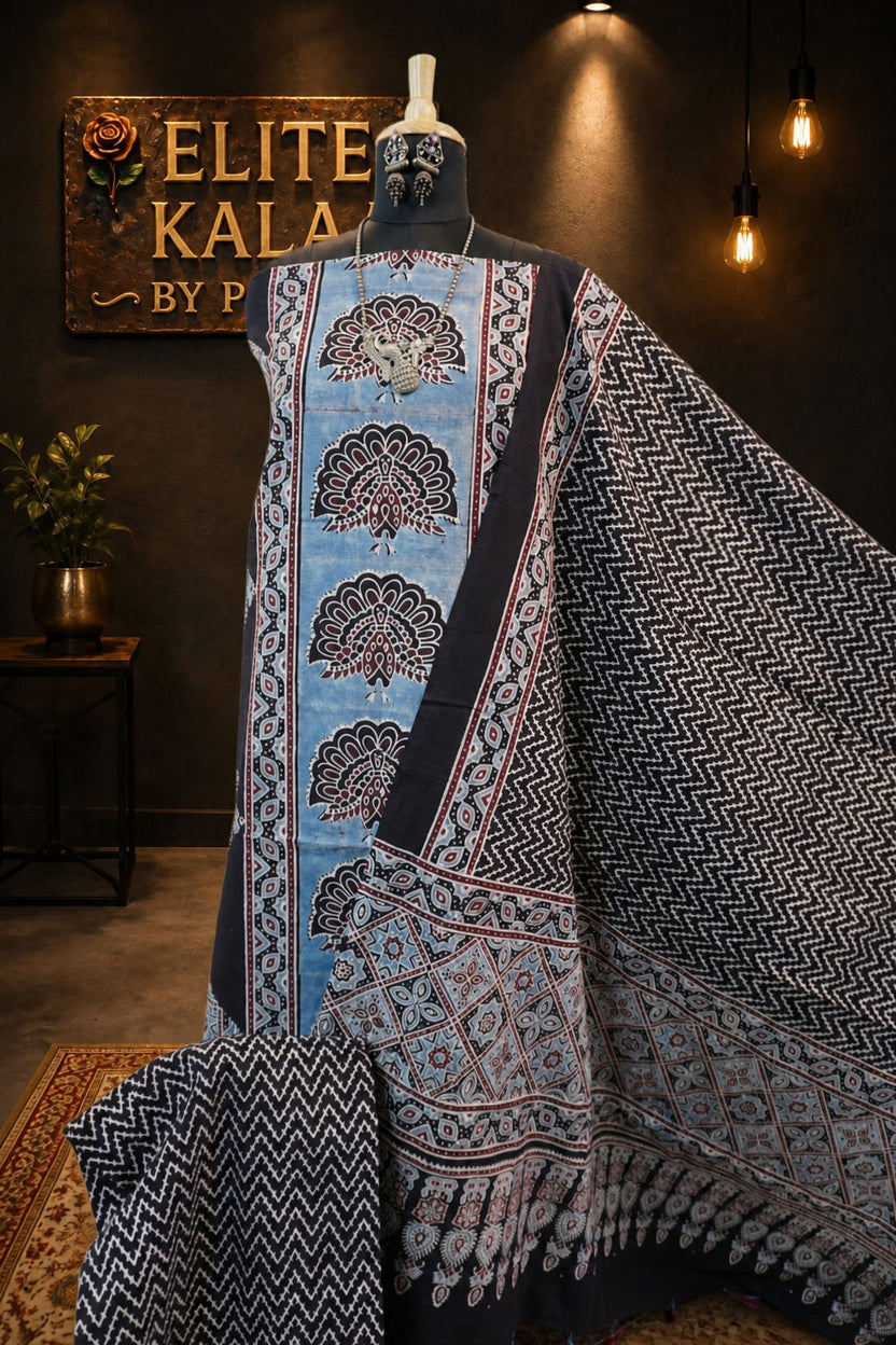 Cotton Ajrakh Handblock 3 Piece Dress Material Black