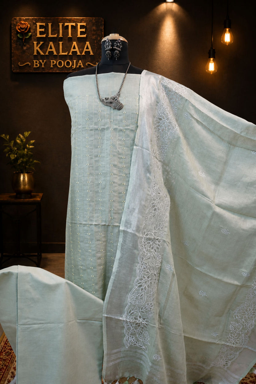 Linen Applique Work 3 Piece Unstitched Suit Set Green with Tassels
