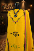 Bhujodi Kala Cotton Dress Material Yellow with Border, Fringe & Tassels