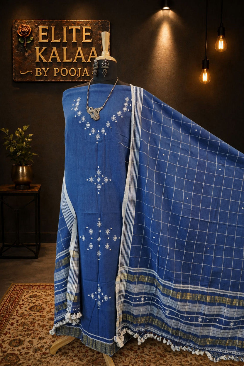 Kala Cotton Bhujodi Checked 3 Piece Unstitched Suit Set Blue Three