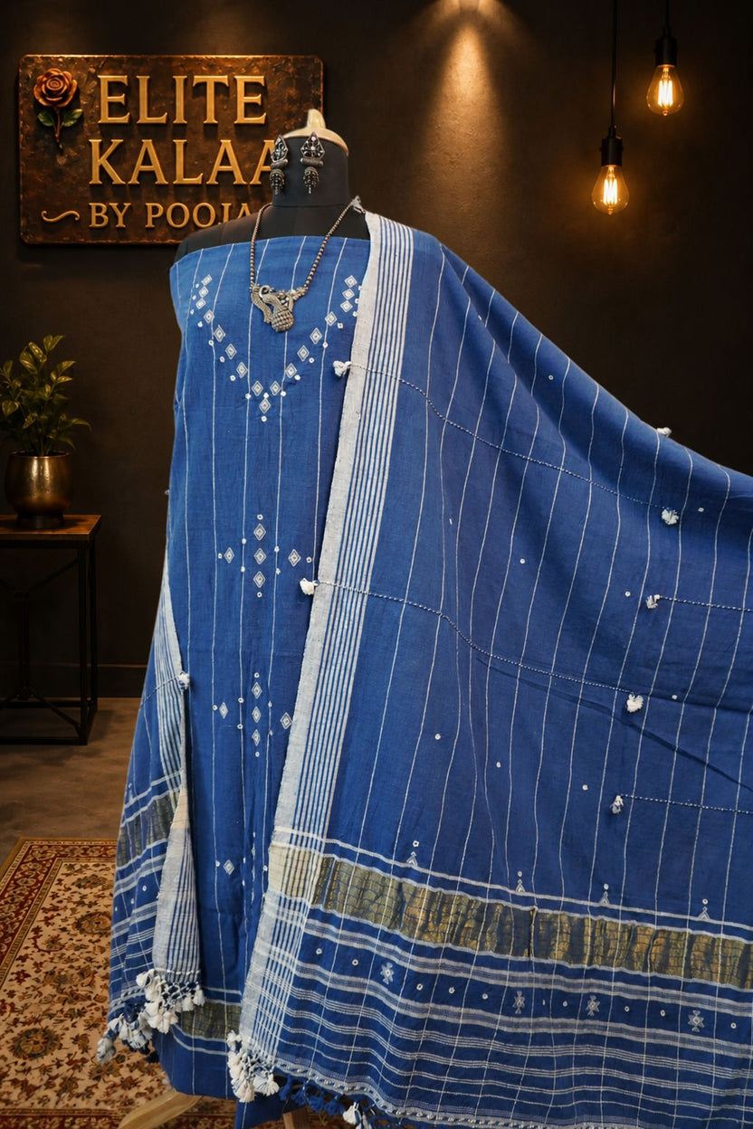 Kala Cotton Bhujodi Striped 3 Piece Unstitched Suit Set Blue Six