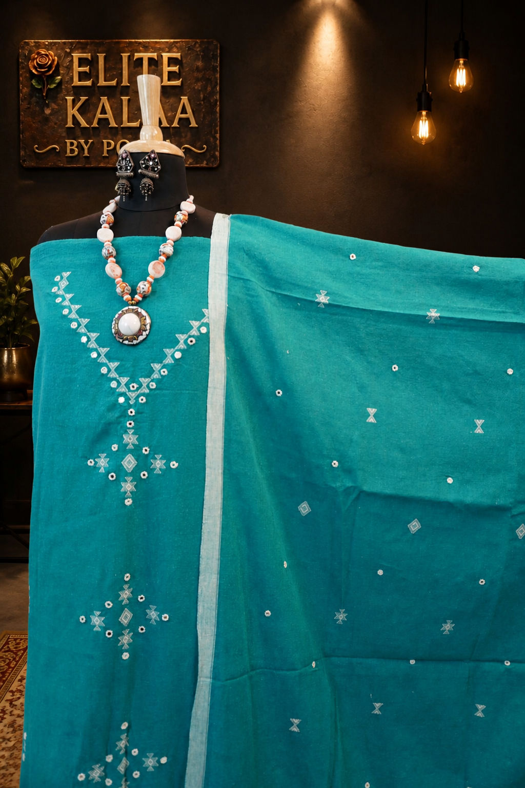 Kala Cotton Bhujodi Placement Pattern 3 Piece Unstitched Suit Set Rama Green Design 1