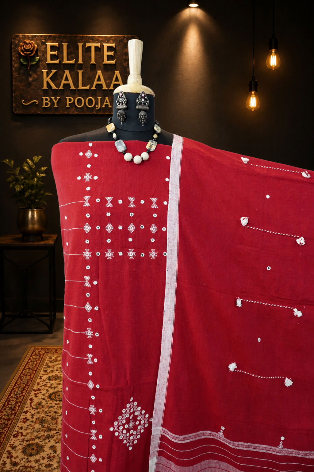 Bhujodi Kala Cotton Suit Fabric Red Heavy Design with Border, Fringe & Tassels