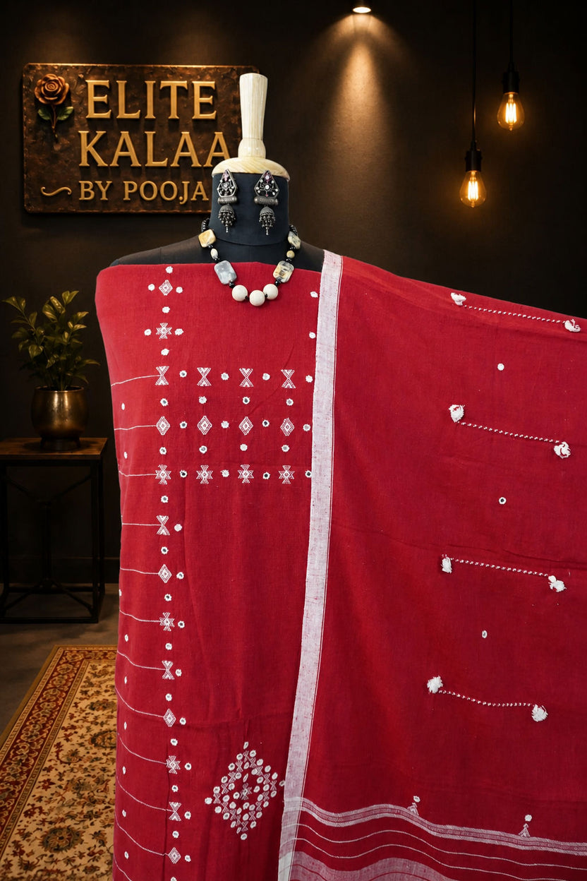 Bhujodi Kala Cotton Suit Fabric Red Heavy Design with Border, Fringe & Tassels