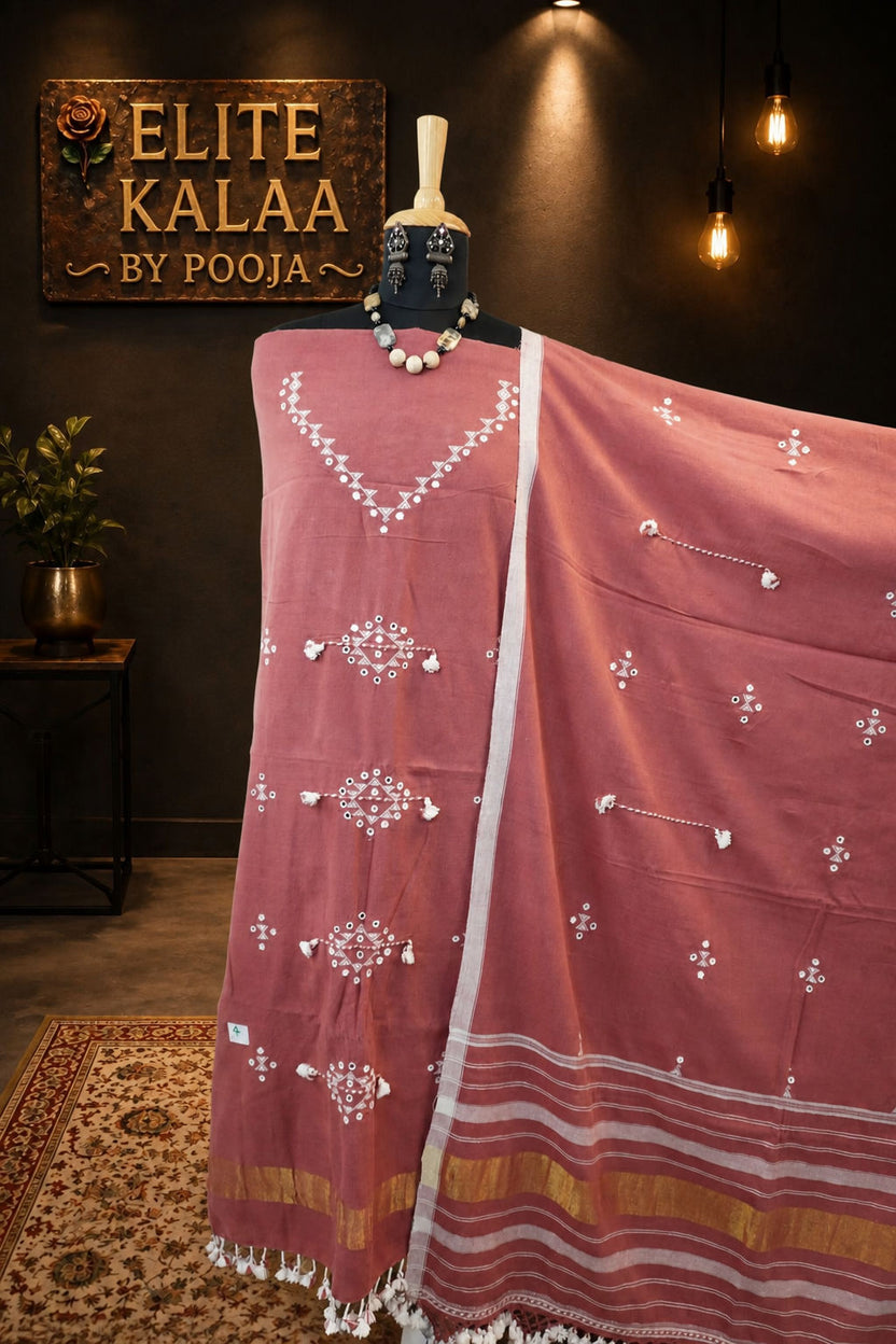 Bhujodi Kala Cotton Placement Pattern Dress Material Pink with Border & Tassels, Design 2