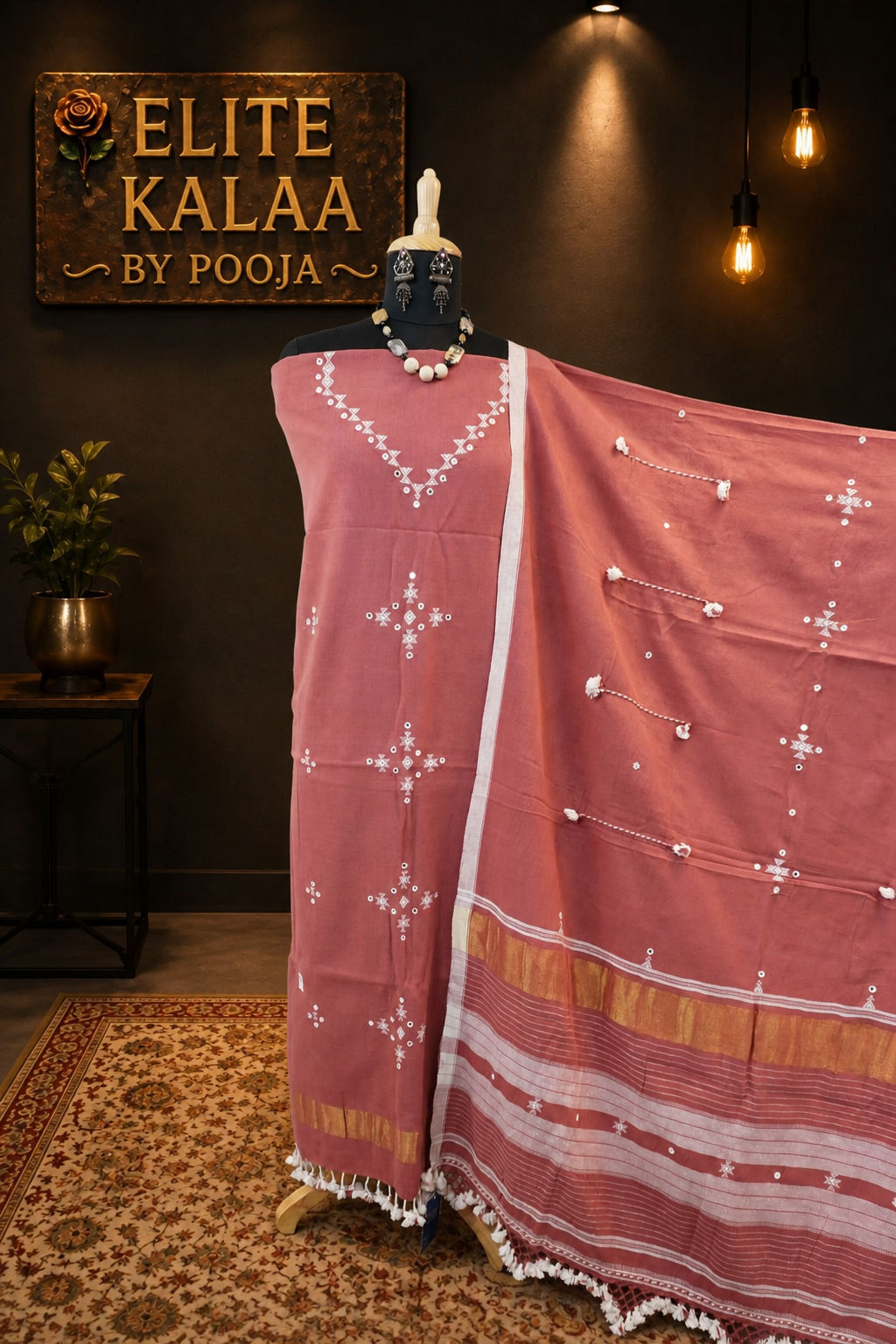 Bhujodi Kala Cotton Dress Material Pink with Border & Tassels, Design 3