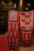 Modal Ajrakh Handblock 3 Piece Unstitched Suit Set with Stole, Red, Rose Boota