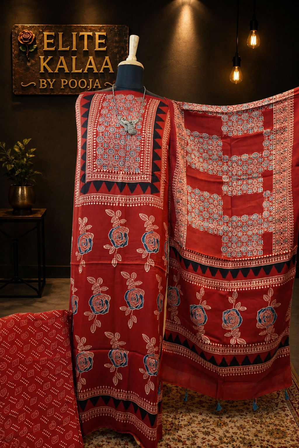 Modal Ajrakh Handblock 3 Piece Unstitched Suit Set with Stole, Red, Rose Boota
