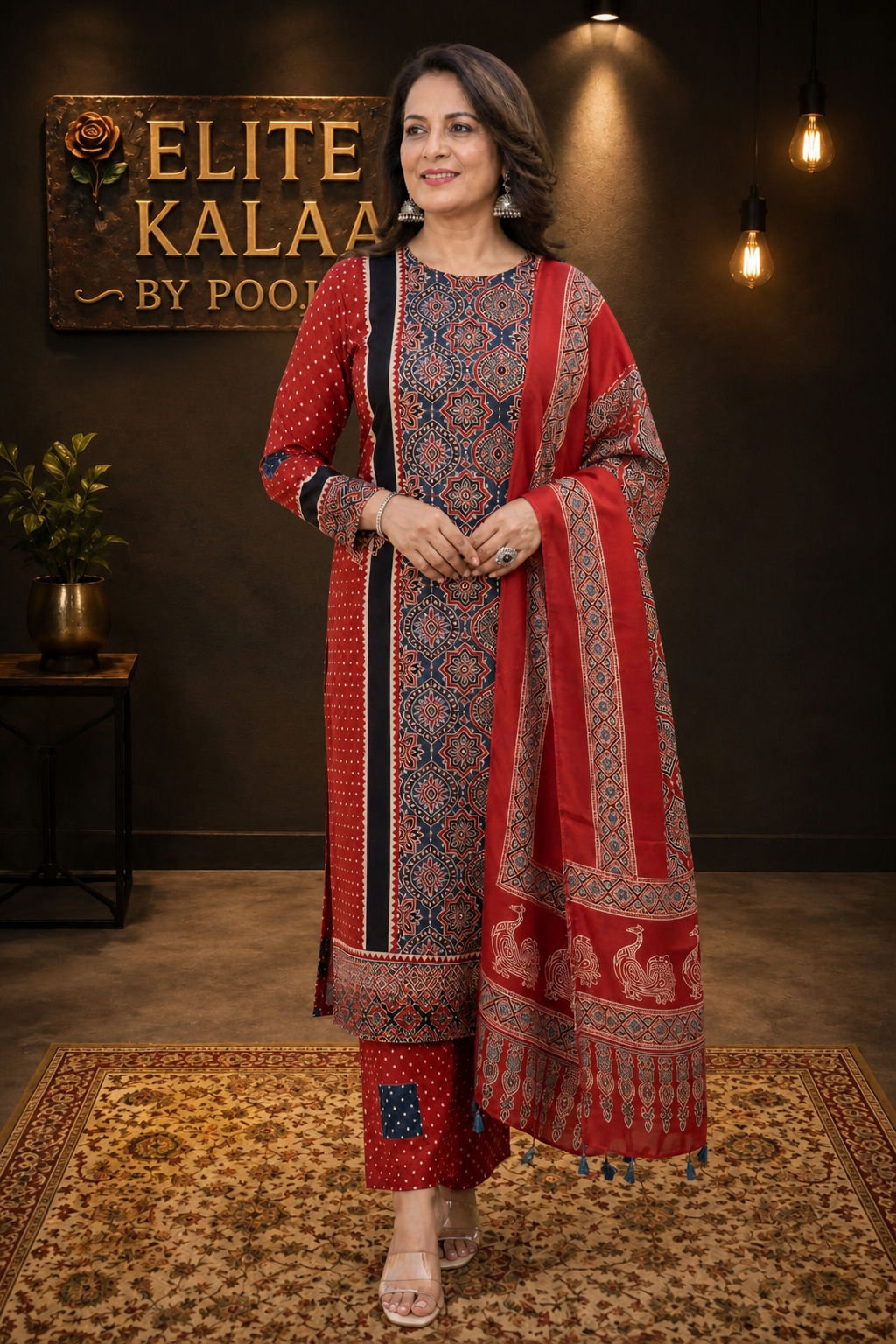 Modal Ajrakh Handblock 3 Piece Unstitched Suit Set with Stole, Red, Peacock Design