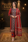 Modal Ajrakh Handblock 3 Piece Unstitched Suit Set with Stole, Red, Peacock Design
