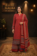 Modal Ajrakh Handblock 3 Piece Unstitched Suit Set with Stole, Red, Small Lotus Design