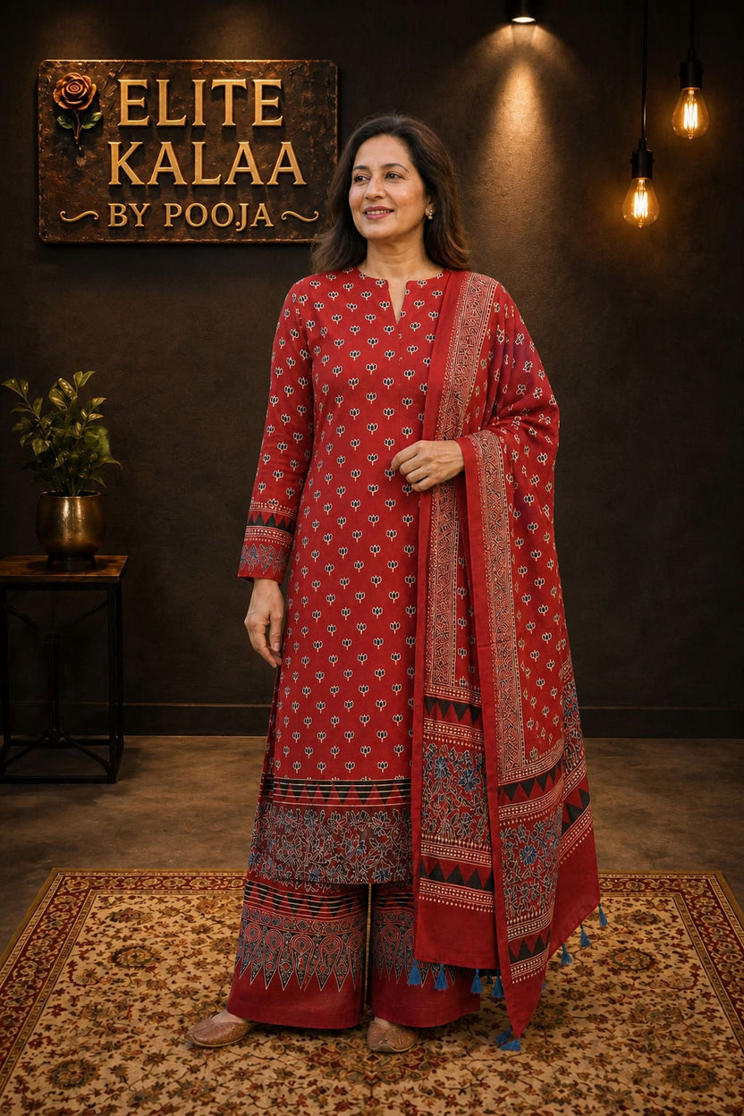 Modal Ajrakh Handblock 3 Piece Unstitched Suit Set with Stole, Red, Small Lotus Design