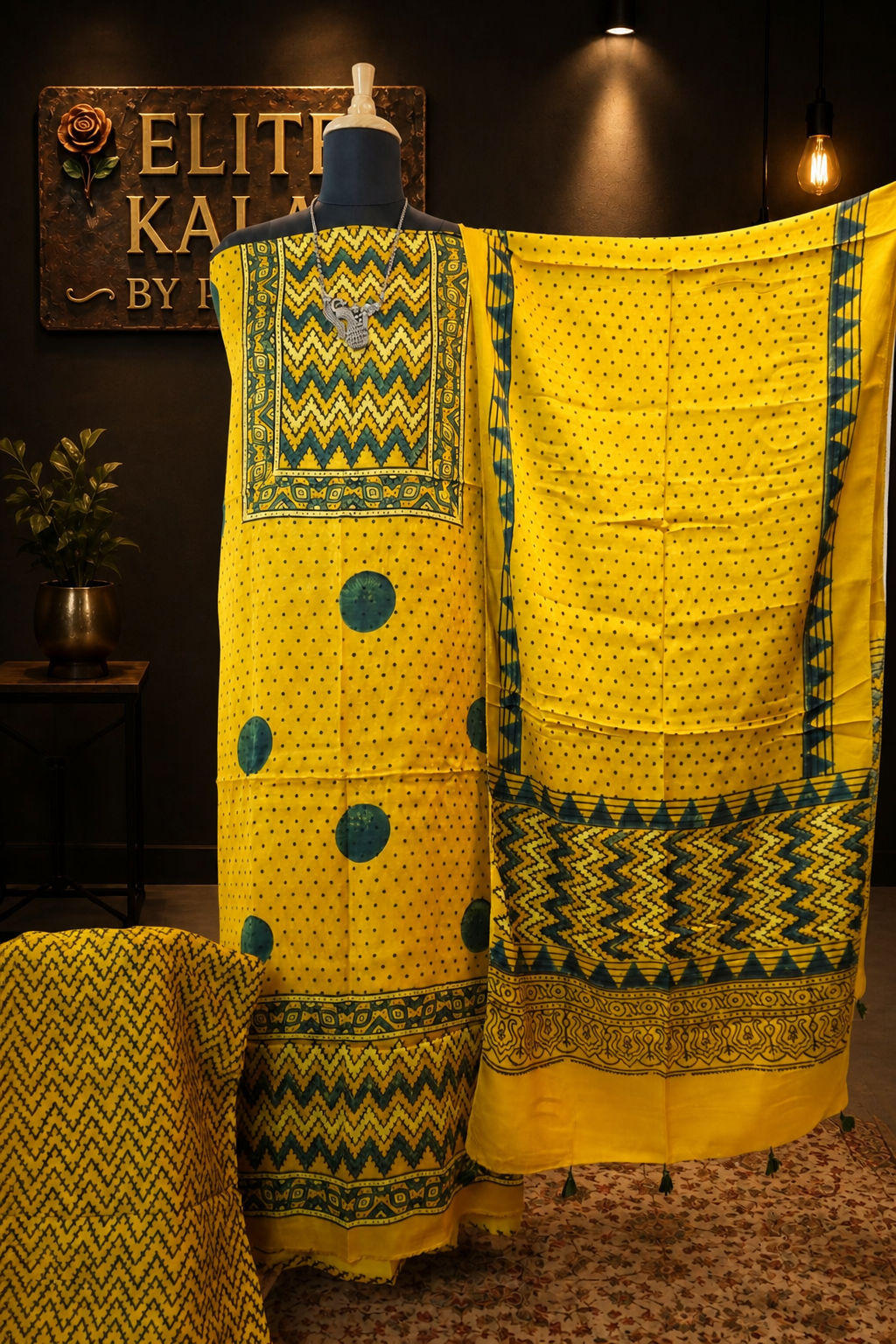 Ajrakh Handblock Modal 3 Piece Unstitched Suit Set Yellow Polka Design
