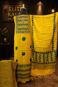 Ajrakh Handblock Modal 3 Piece Unstitched Suit Set Yellow Polka Design