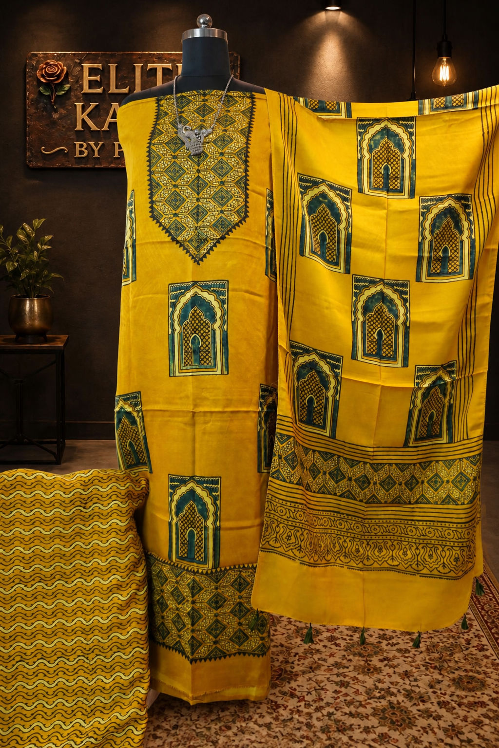 Ajrakh Handblock Modal 3 Piece Unstitched Suit Set Yellow Jharokha Design