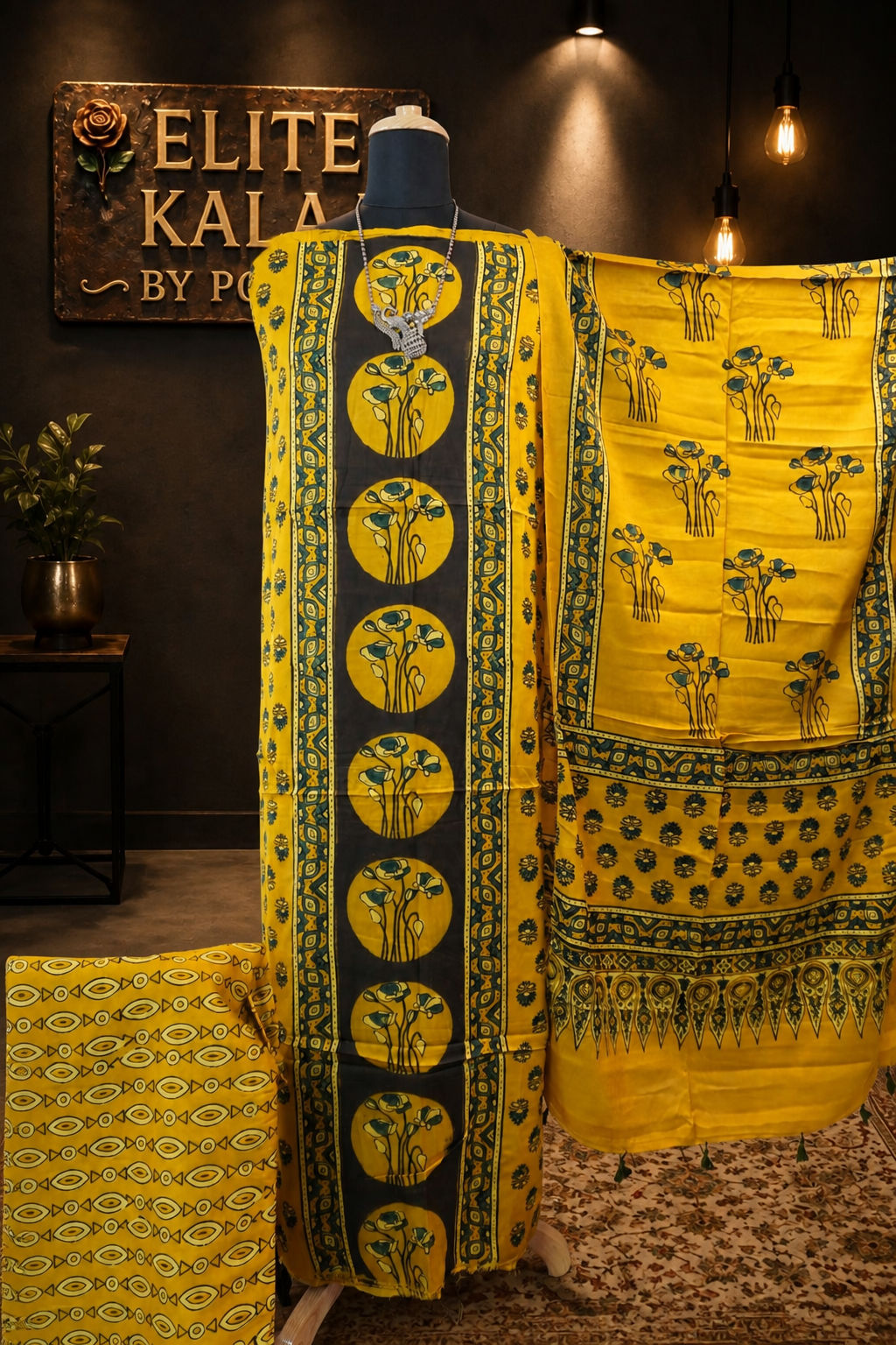 Ajrakh Handblock Modal 3 Piece Unstitched Suit Set with Stole Yellow Floral Design
