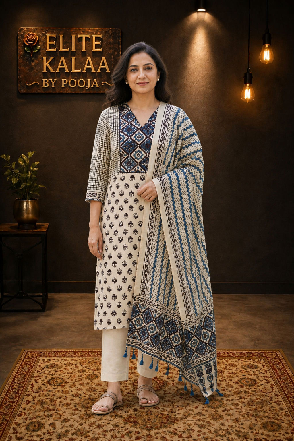 Modal Ajrakh Handblock 3 Piece Unstitched Suit Set with Stole, Ivory, Small Flower Design