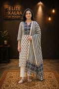 Modal Ajrakh Handblock 3 Piece Unstitched Suit Set with Stole, Ivory, Small Flower Design