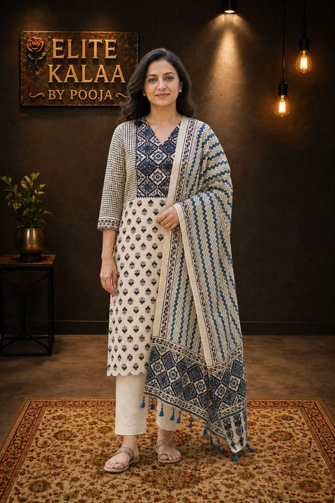 Modal Ajrakh Handblock 3 Piece Unstitched Suit Set with Stole, Ivory, Small Flower Design