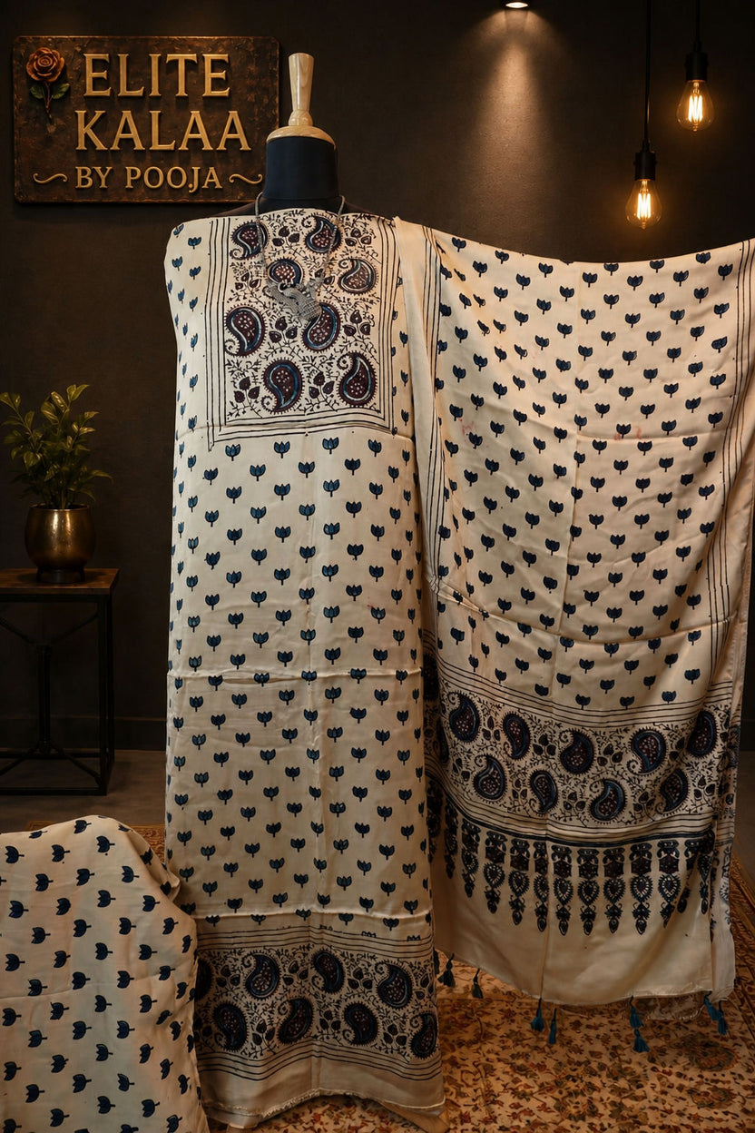 Modal Ajrakh Handblock 3 Piece Unstitched Suit Set with Stole, Ivory, Small Lotus Design