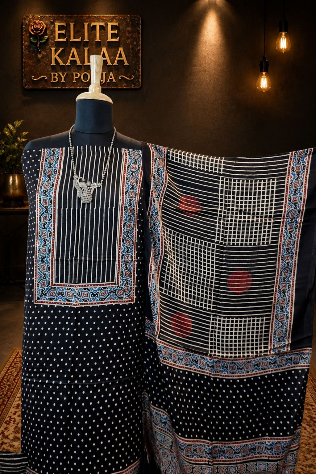 Modal Ajrakh Handblock 3 Piece Unstitched Suit Set with Stole, Black, Polka Design