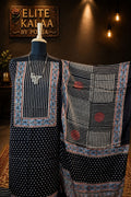 Modal Ajrakh Handblock 3 Piece Unstitched Suit Set with Stole, Black, Polka Design