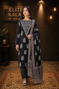 Modal Ajrakh Handblock 3 Piece Unstitched Suit Set with Stole, Black, Warli Neck Design