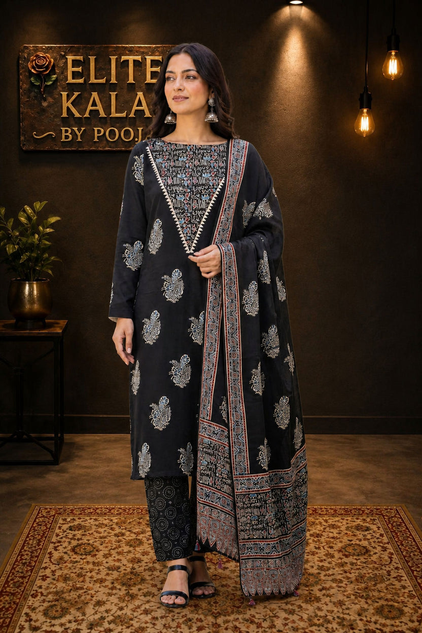 Modal Ajrakh Handblock 3 Piece Unstitched Suit Set with Stole, Black, Warli Neck Design