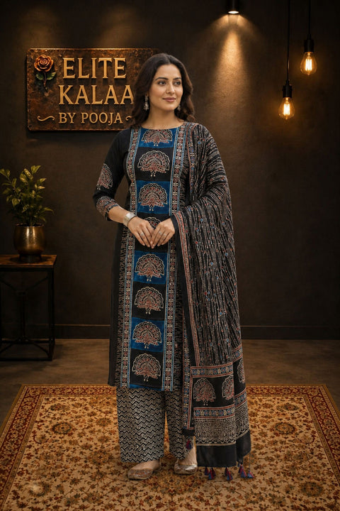 Modal Ajrakh Handblock 3 Piece Unstitched Suit Set with Stole, Black, Peacock Design