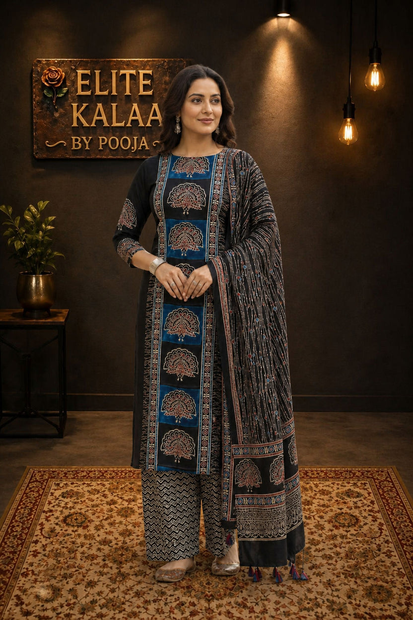 Modal Ajrakh Handblock 3 Piece Unstitched Suit Set with Stole, Black, Peacock Design