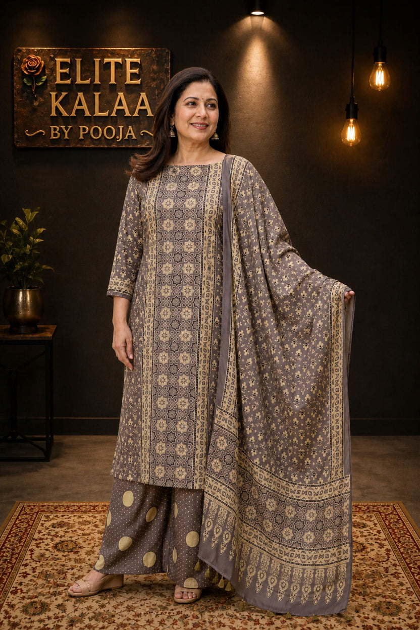 Modal Ajrakh Handblock 3 Piece Unstitched Suit Set with Stole, Brown, Small Flower Design