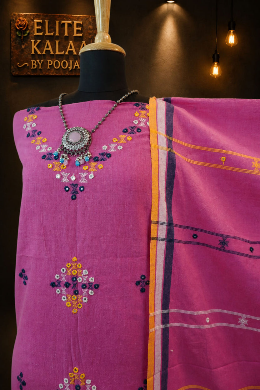 Bhujodi Kala Cotton 3 Pc Unstitched Suit Set Pink Design 1