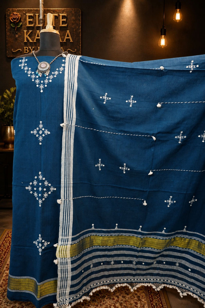 Bhujodi Kala Cotton 3 Pc Unstitched Suit Set Teal Blue Design 1