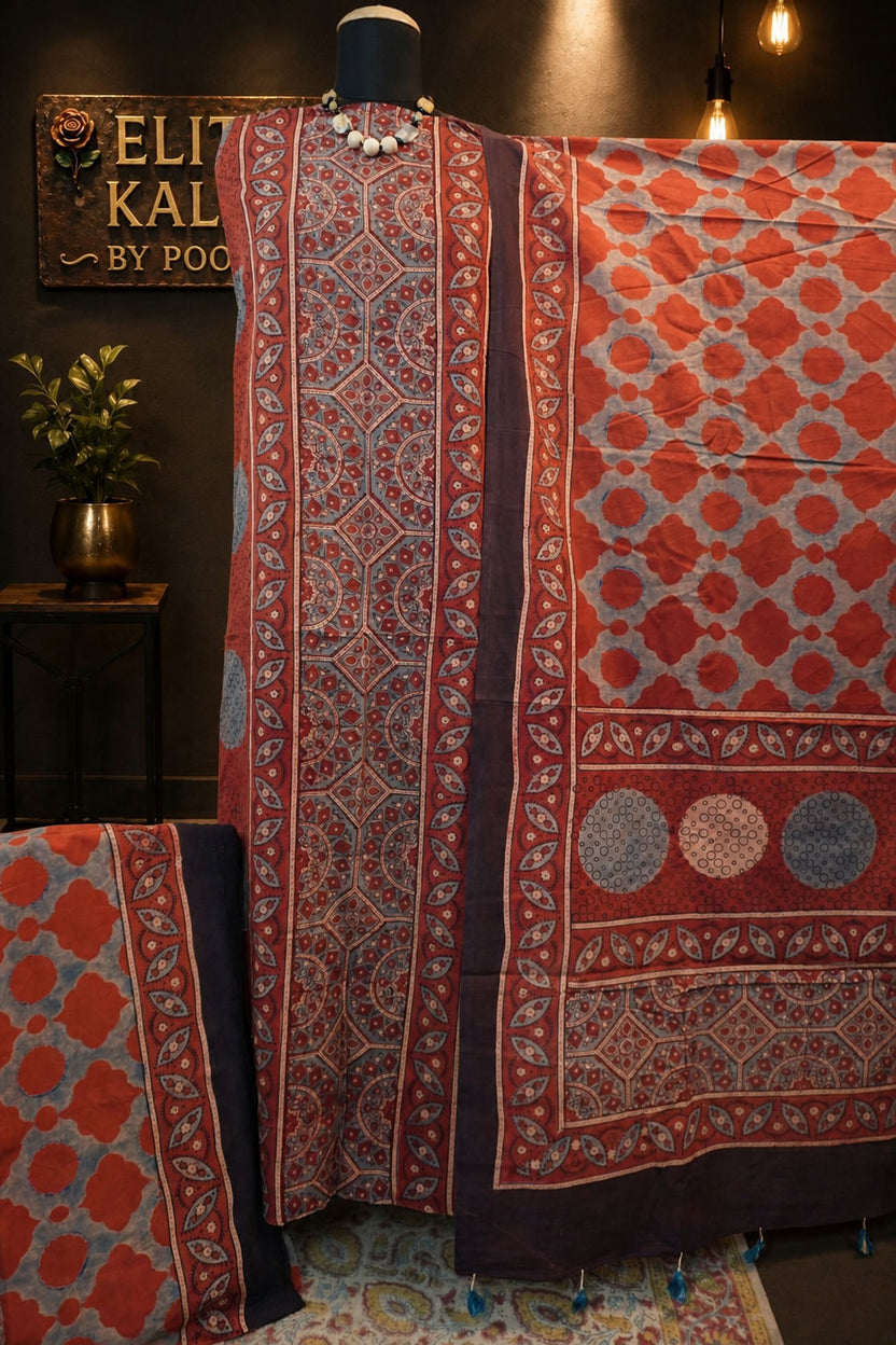Cotton Ajrakh Block Print 3 Piece Unstitched Suit Set Rust with Border - Design 2